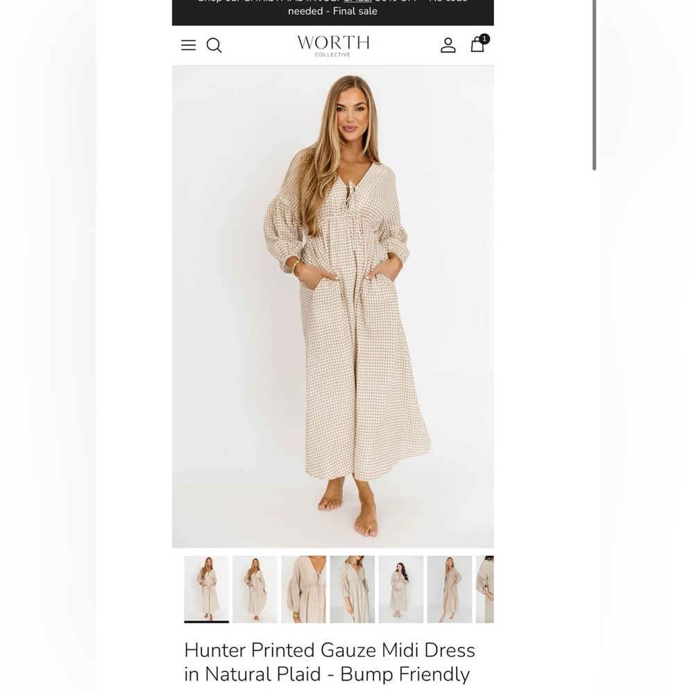 Hunter Printed Gauze Midi Dress in Natural Plaid Gingham Gauze